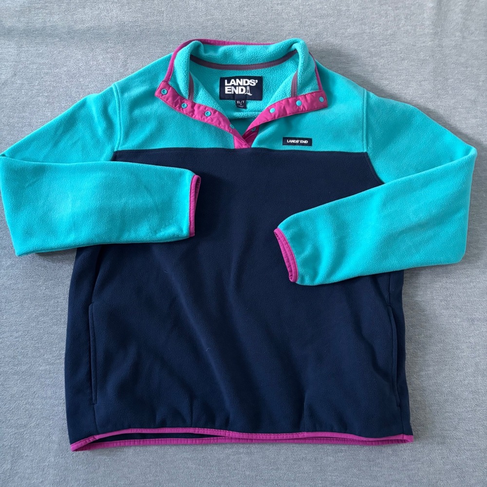 Lands End Womens XL Tall Fleece Pullover Colorblock Teal Navy Pink Snap Neck